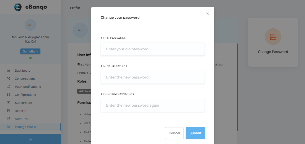 how to change your eBanqo messenger password
