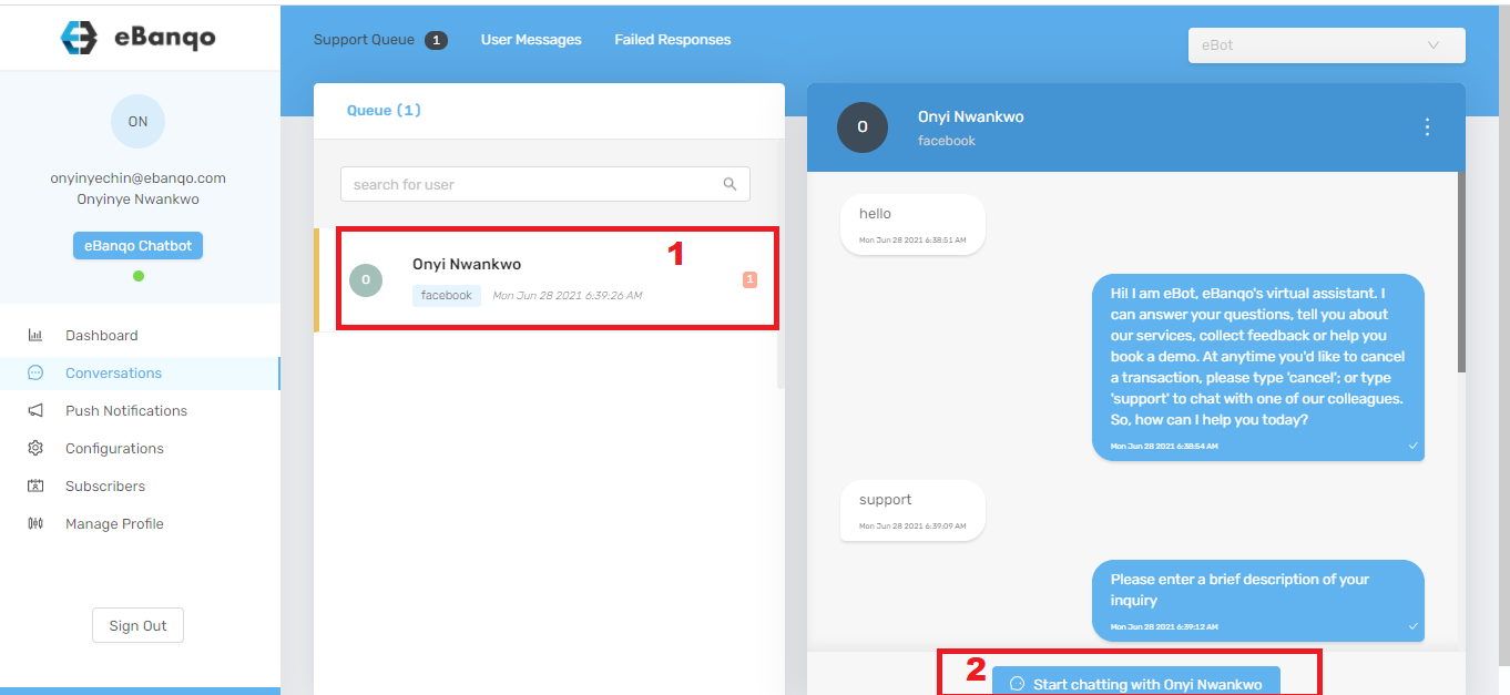 how to chat with a customer on the queue on eBanqo Messenger