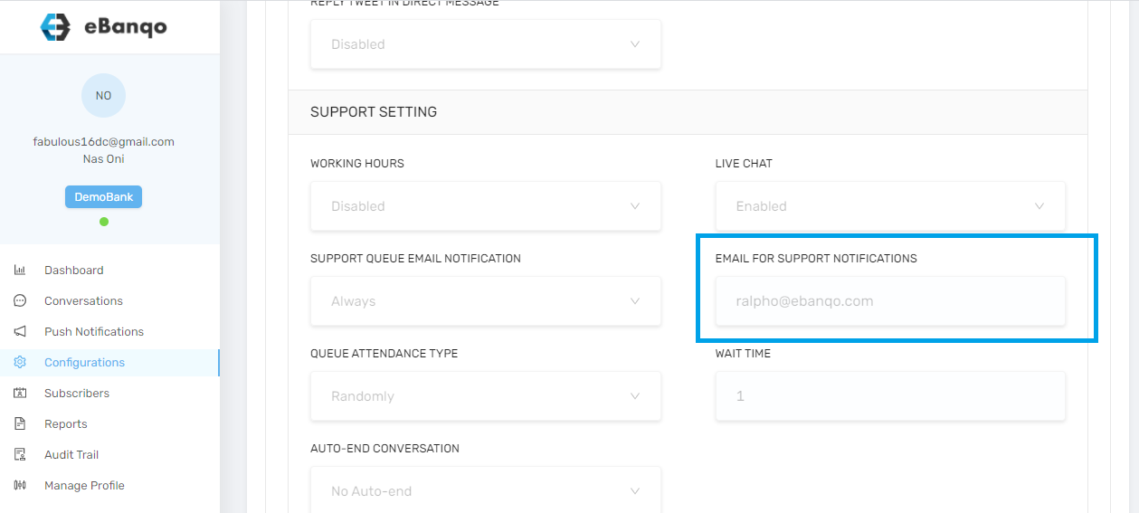 how to change email for support notification in eBanqo Messenger
